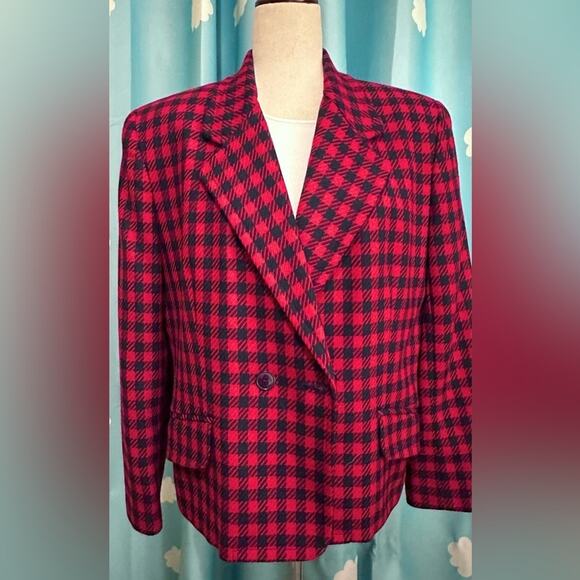 Vintage red and navy checked plaid double breasted blazer. 12 - Picture 1 of 16